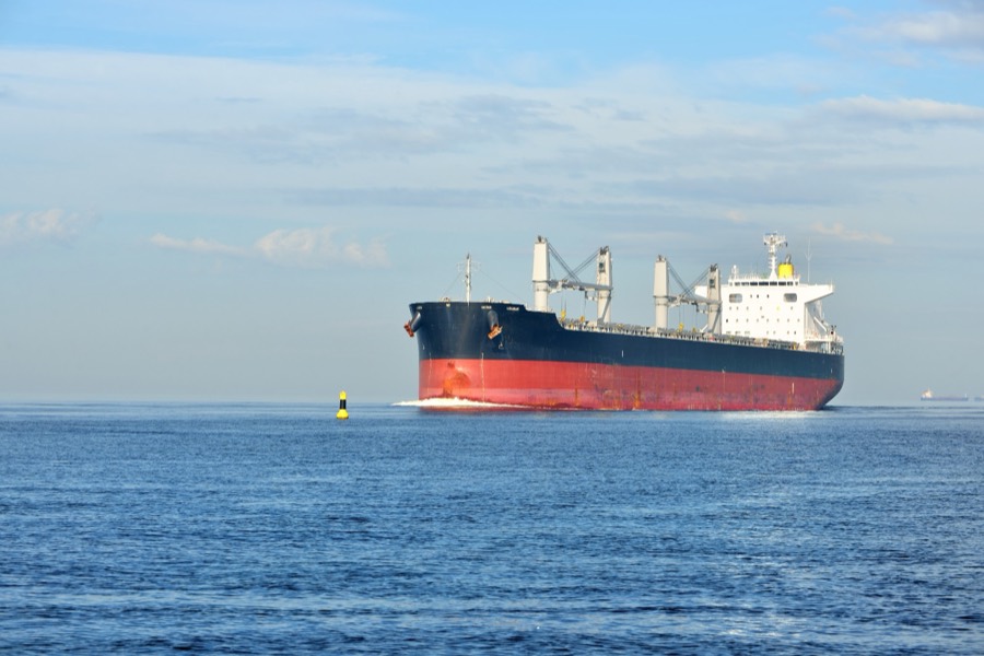 Geared bulk carrier passing a fairway buoy